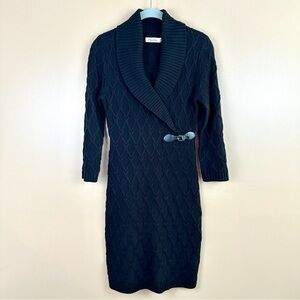 Calvin Klein Black Cable Knit Sweater Dress Shawl Collar Buckle Detail Small